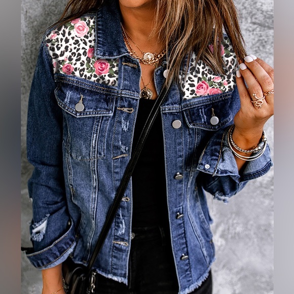 DISTRESSED MIXED PRINT DENIM JACKET - Picture 1 of 4